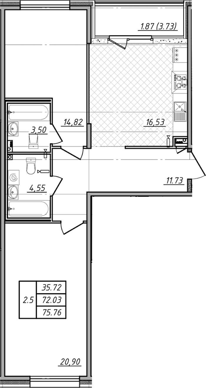 2-комнатная квартира 72.03 м², 2/12 эт., ЖК «Чёрная речка»